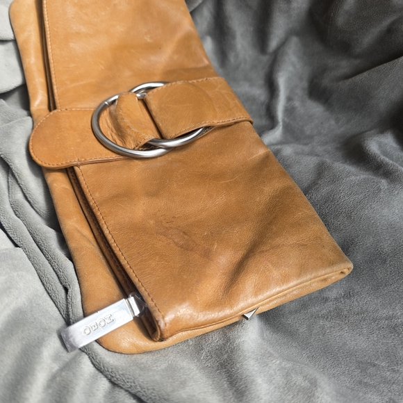 Vintage 90s 'Hobo' Camel Tan Leather Large Fold-Over Clutch - Picture 4 of 12